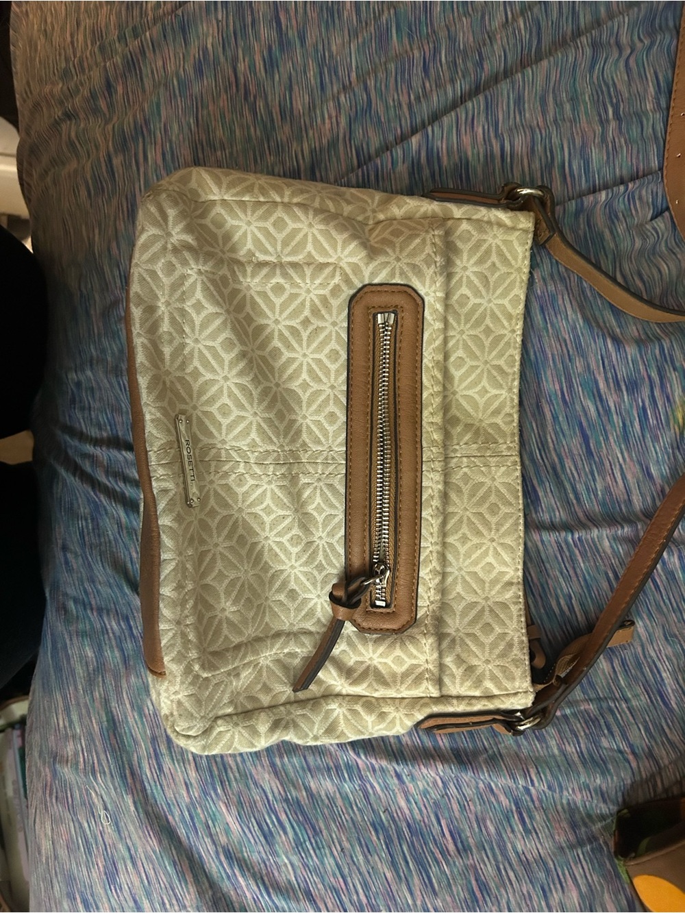 Rosetti Cream Patterned Crossbody with Tan Trim